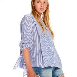 Scotch and Soda Maison Blue and White Lurex Metallic Detail Stripe Top Small